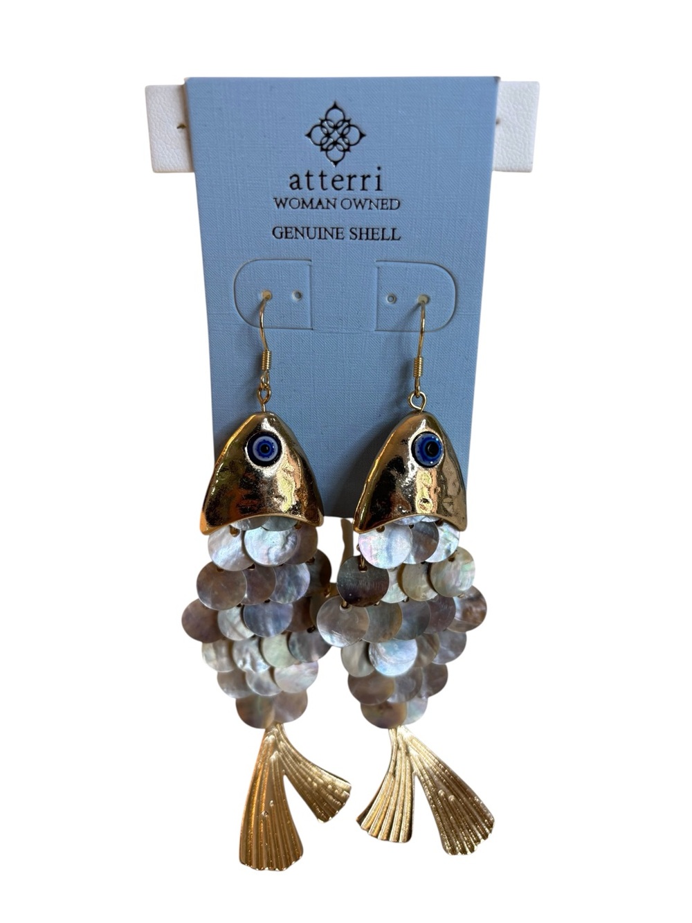 Hammered Gold Tone Evil Eye Fish Dangle Drop Earrings w/ Iridescent MOP scales.